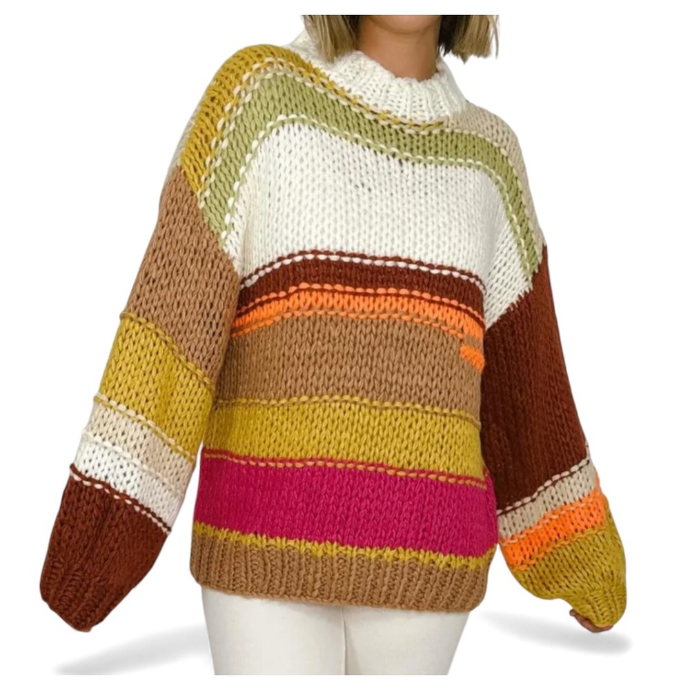 NWT Listicle Sweater HAND CROCHET KNITTED CHUNKY Oversized Earth Tone Stripes L